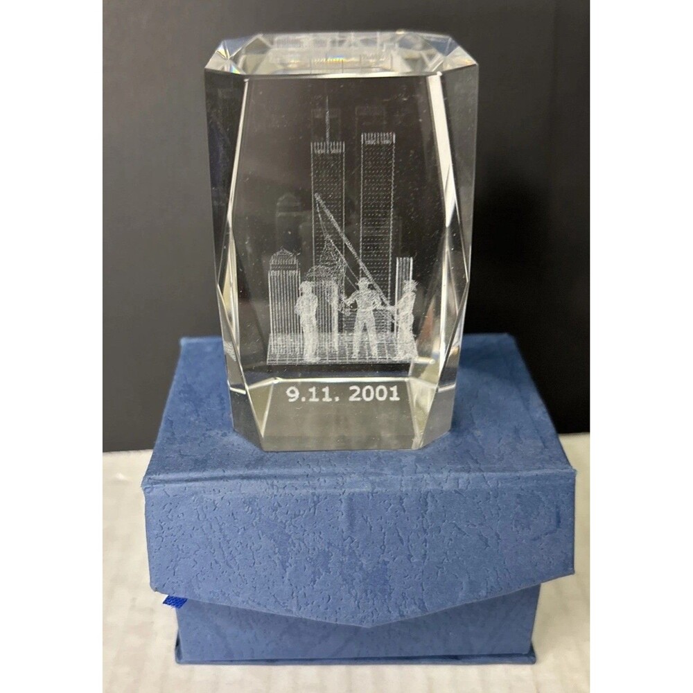 Laser Etched Paperweight 9/11/2001 Twin Towers NYFD 3D Crystal Hologram